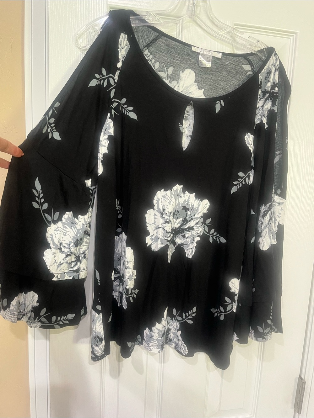 Women’s Black Floral Bell-Sleeve Blouse with Keyhole Neck